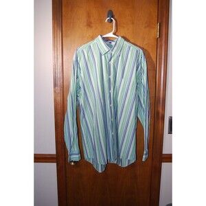 Alan Flusser Mens Size Large BLue and Green Stripped Long Sleeve Button Up Shirt